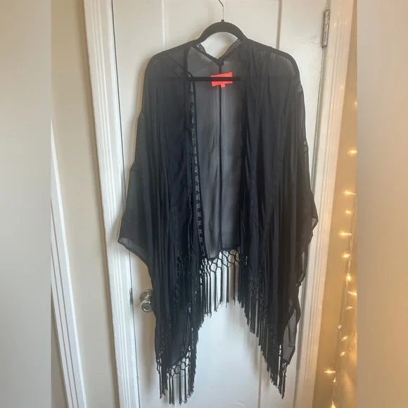Free People x Muche Et Muchette Black Sheer Lace Fringe Kimono - Picture 9 of 10